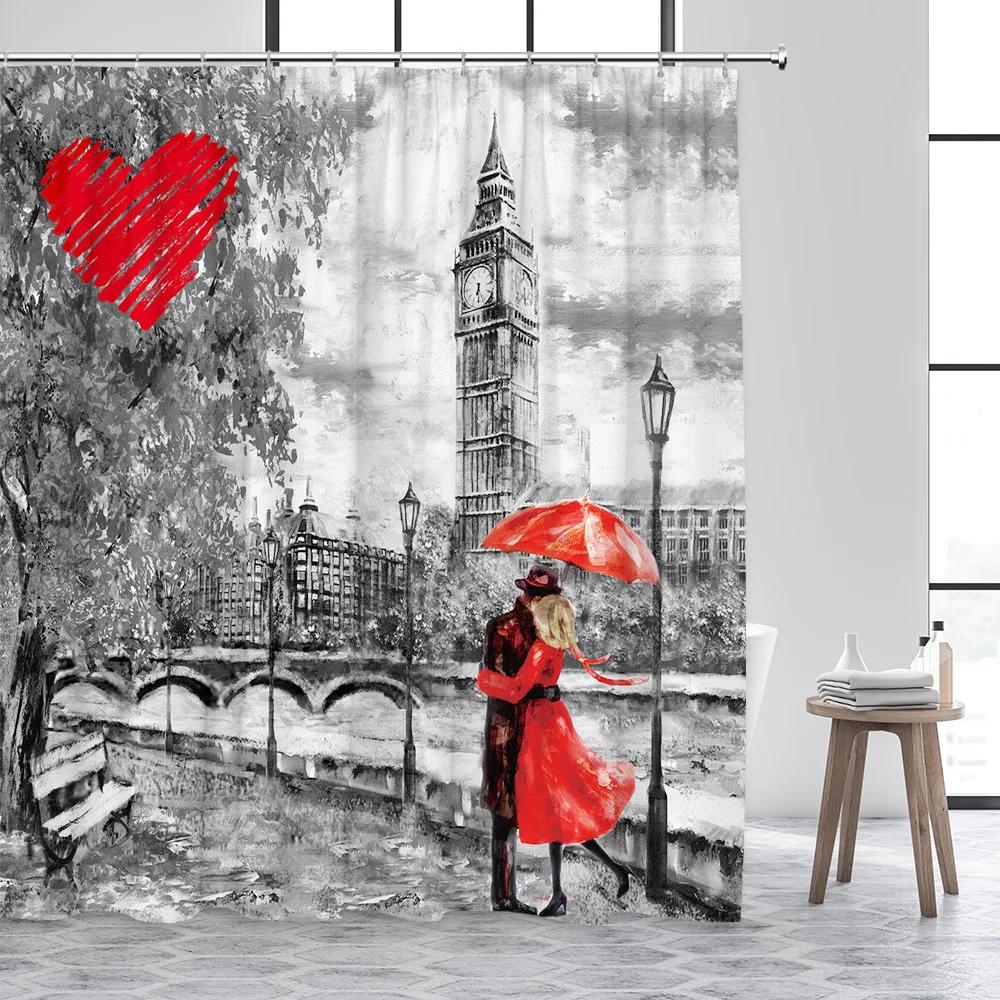 Vintage Paris Tower Shower Curtain Pink Floral Romantic Lovers City Street Scenery Modern Fashion Bathroom Curtains Fabric Decor