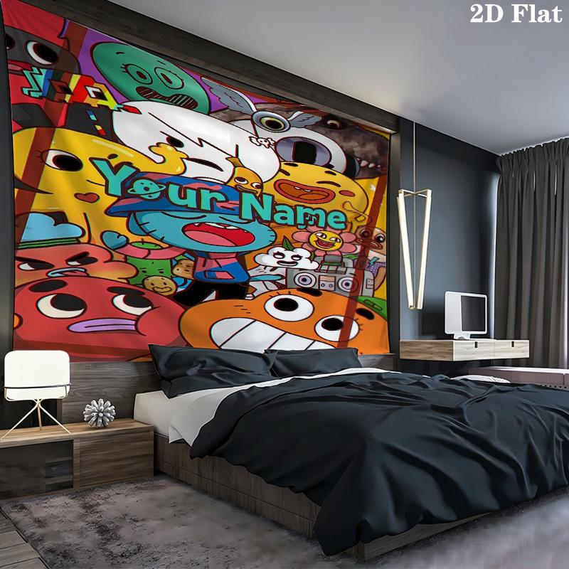 Cartoon Characters Collage Custom Name Wall Tapestry Aesthetic Wall Hanging Printed Fabric Blanket Decorative Tapestries for Bedroom Living Room Home