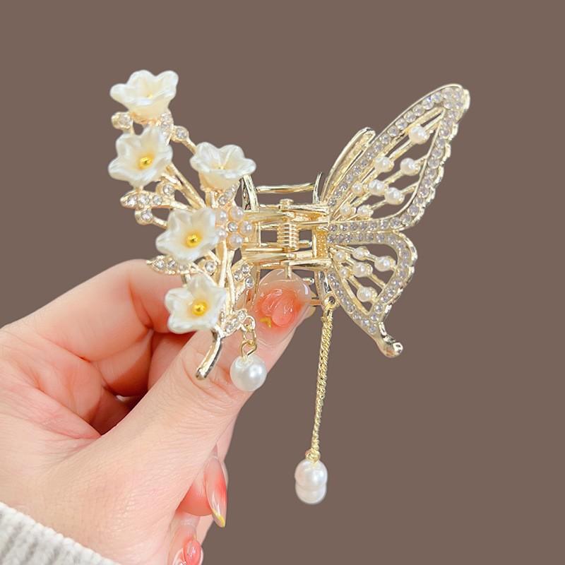 Glitter Shark Grip Clips Korean Style Sweety Romantic Hair Claws Butterfly Shape Girls Pearl Tassel Metal Jewelry Hair Accessory