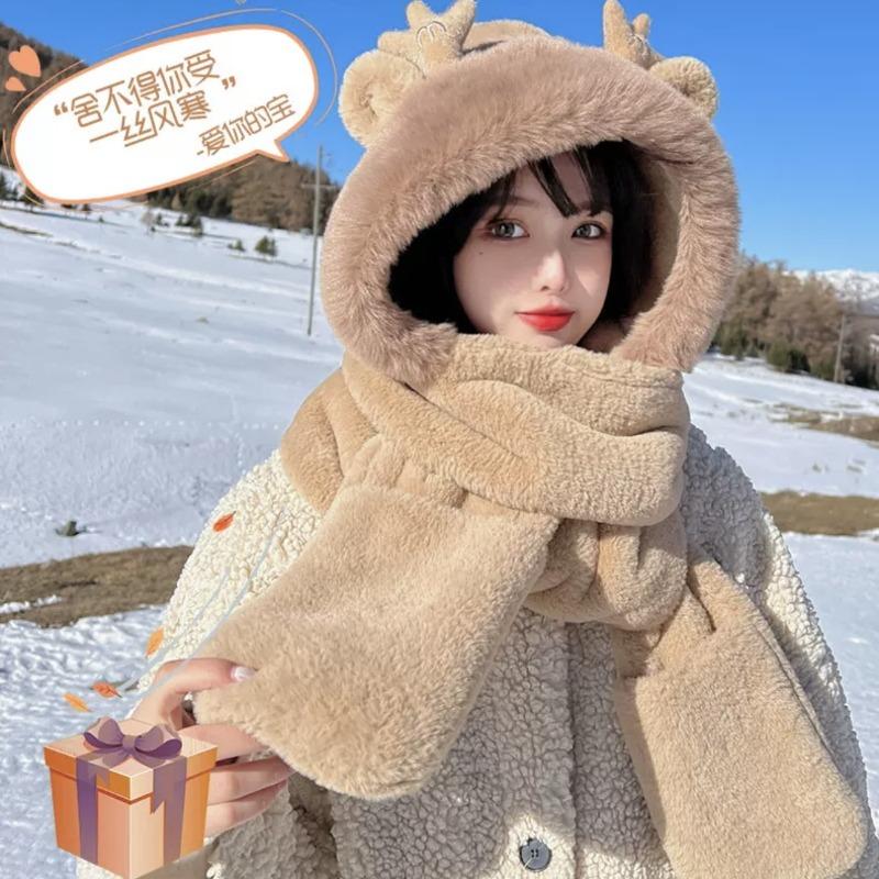 Cute dragon horn bear hat scarf integrated women's winter gloves cycling thickened dragon treasure three-in-one small antler hat