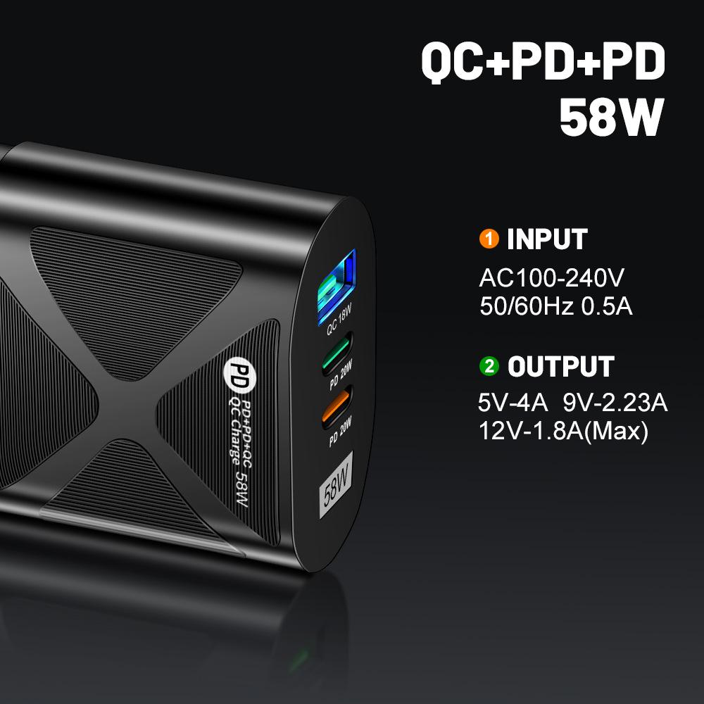 58W Dual Fast Charger with 2PD+QC3.0 USB, EU/US/UK/KR/AU Plug Options