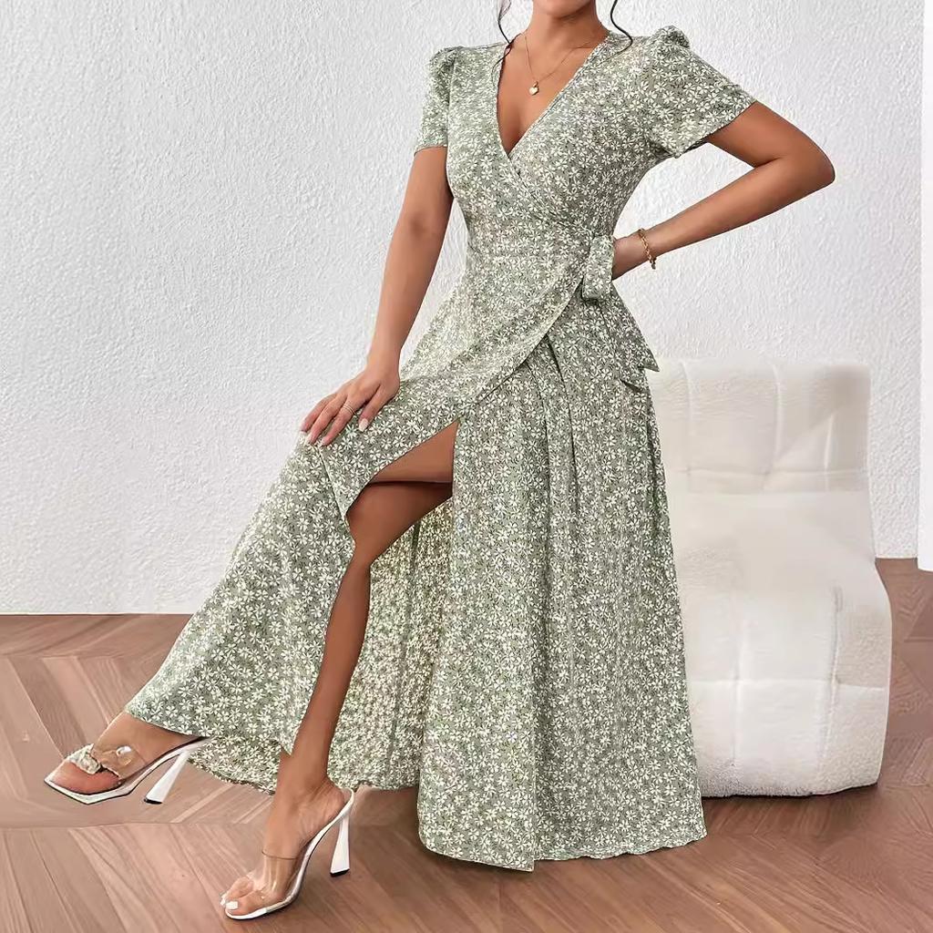 Skinny Waist Long Dress Printed Dress Autumn Independent Station European and American Women's Clothing