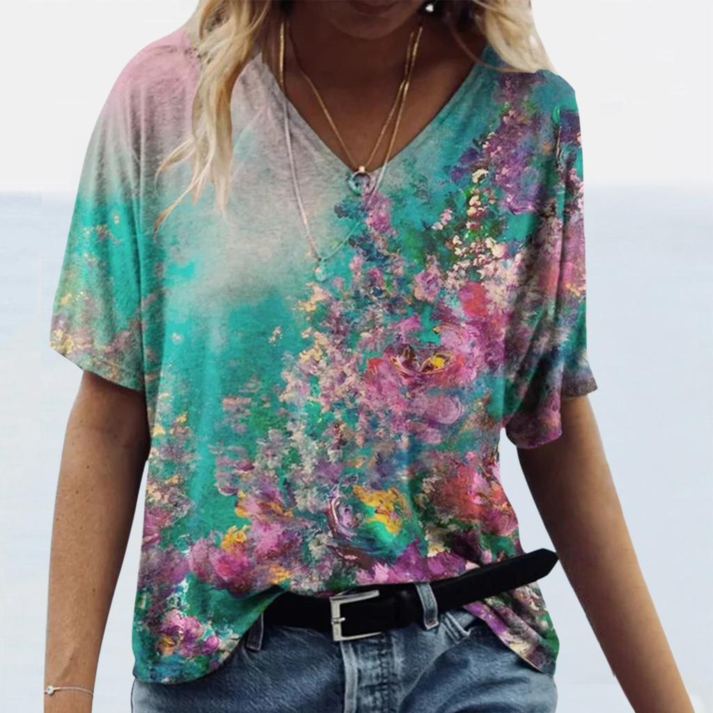 Women Floral  Print V-Neck Short-Sleeved Top T-Shirt