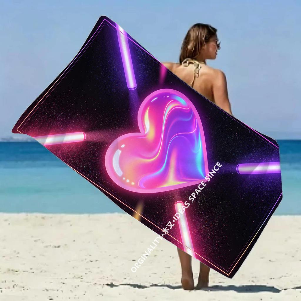 Neon Heart Glowing Beach Towel Patterned Sunscreen And Windproof Suitable For Swimming Pool Camping Travel Blanket