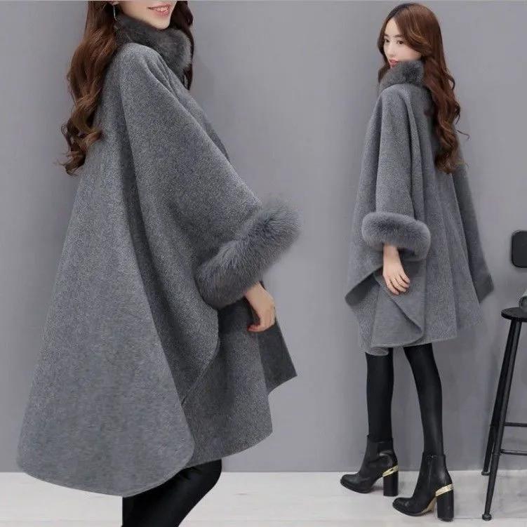 Autumn and Winter Women's Cape Coat Dolman Sleeves Thick Shawl Loose Stand Collar Solid Color Faux Fur Decor Warm Daily Wear Work Outdoor Poncho