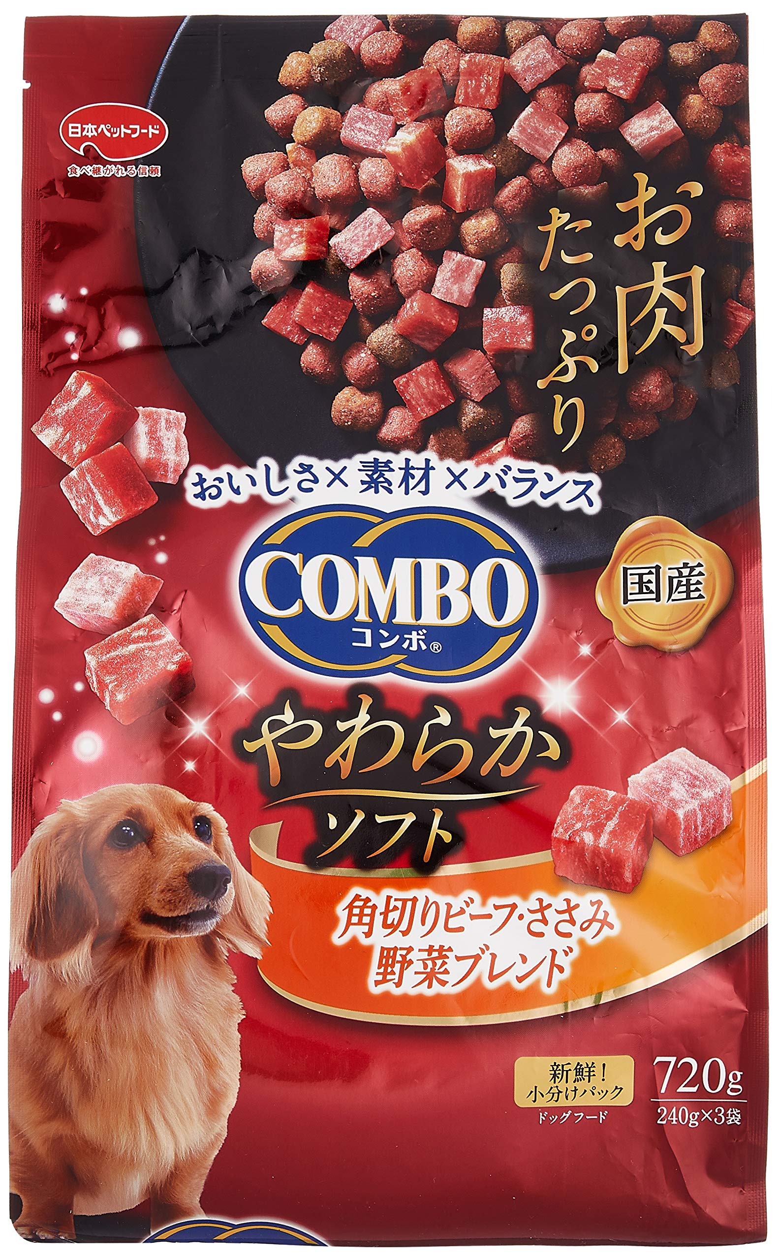

Корм для собак Combo, мягкая смесь из филе и овощей, нарезанная кубиками, 720 г мяса, говядина/курица [Полусырой тип] [Много зерна] [Отечественное производство] [Маленькая упаковка]