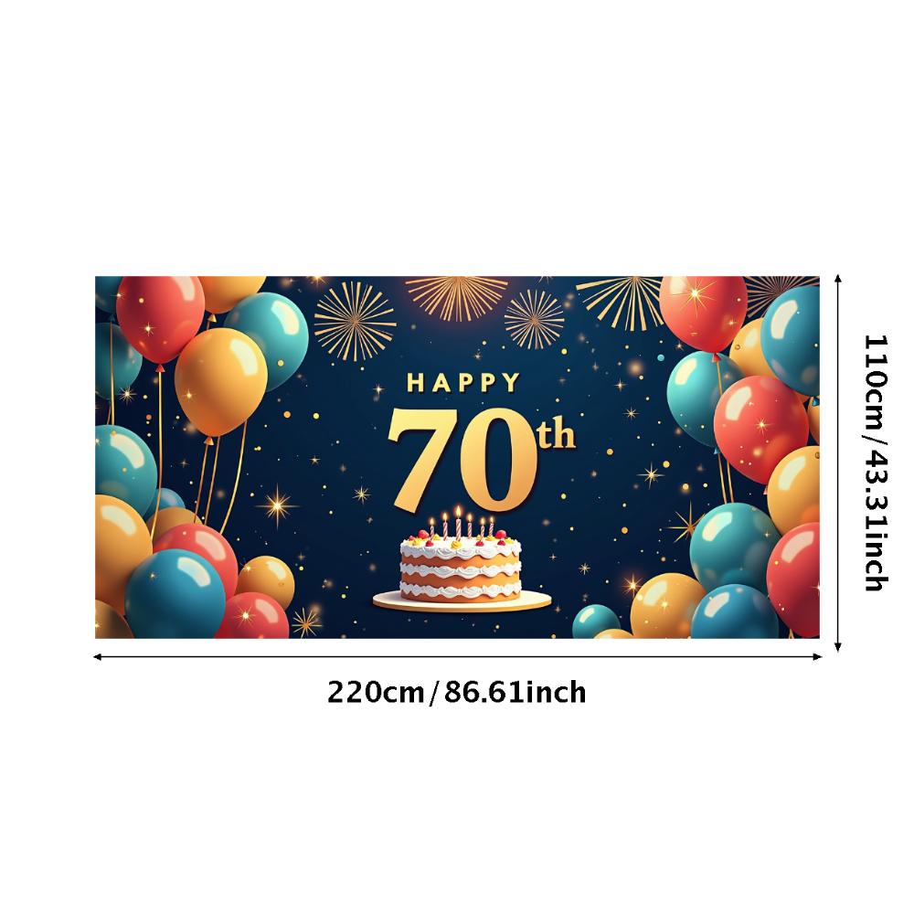 Happy 70th Birthday Banner Backdrop Black gold Birthday Party Decorations Photography Props Sparkle Balloon Background