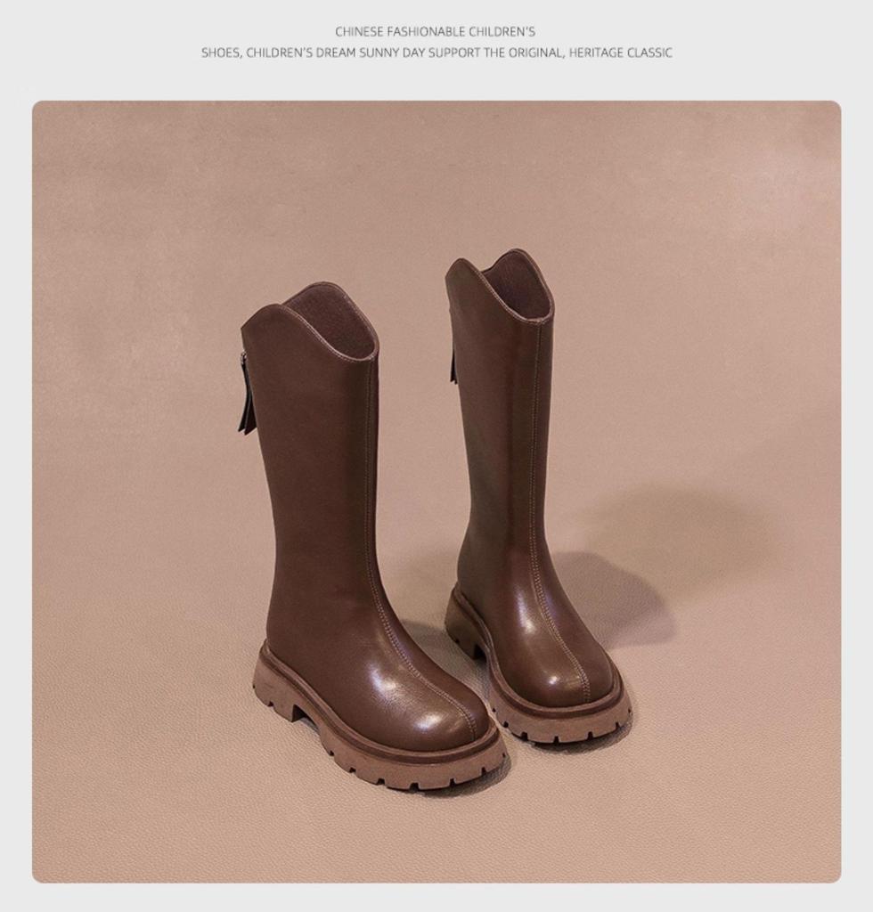 Girls' 2026 Knee-High Velvet-Lined Leather Boots for Autumn/Winter