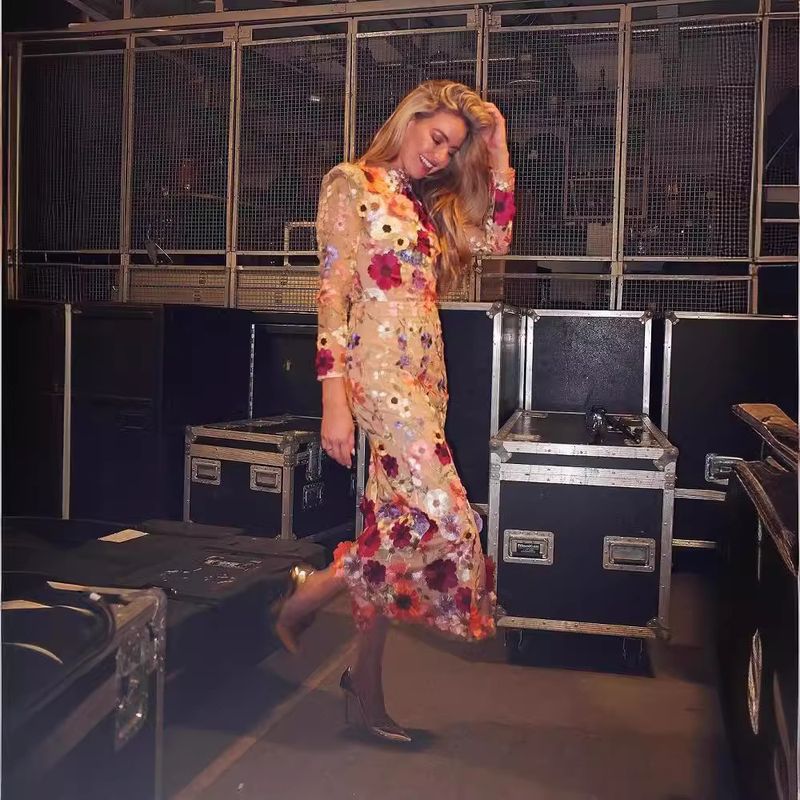Fashion Spring and Autumn round Neck Color Three-Dimensional Flower Embroider Mesh Slim Fit Sheath Fishtail Dress Dress Dress Dress