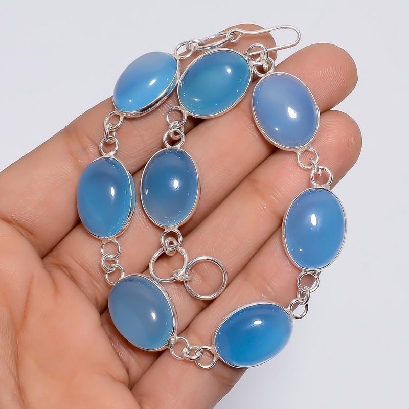 Fabulous Top Grade Qualite 100% Natural Blue Chalcedony Oval Shape Ethnic Style Handmade Jewelry 925 Steling Silver Bracelet 9-10" WSJ-5205