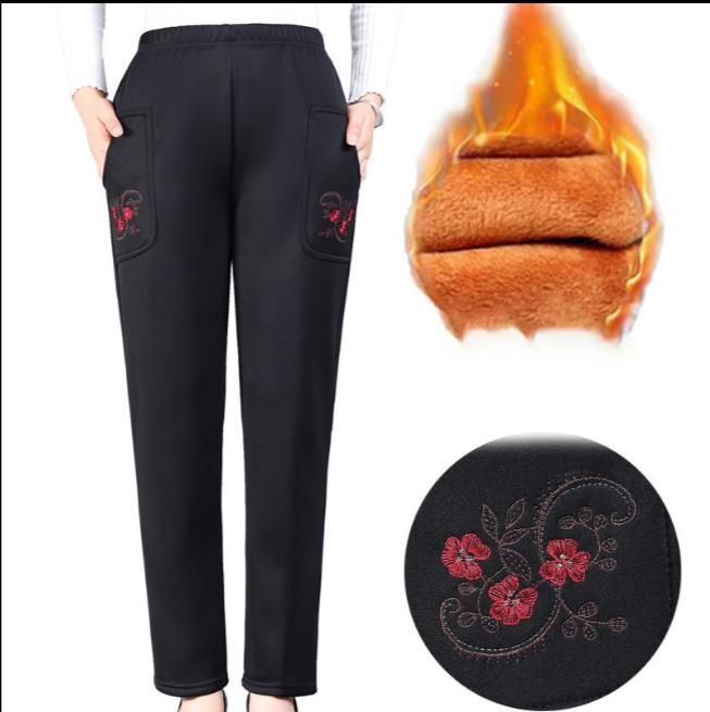 5XL Autumn and Winter Plus Velvet Casual Pants Elderly Women's Pants Loose High Waist Elastic Waist Warm Straight Pants