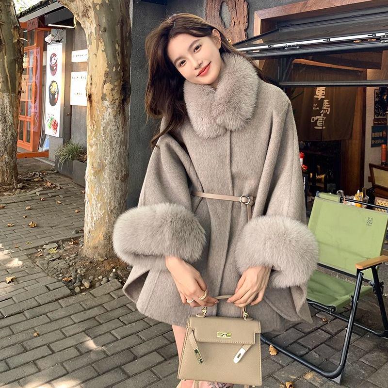 2024 Autumn/Winter Women s Wool Coat with Fluffy Cuffs and Fur Collar L (recommended for 141-160 jin)