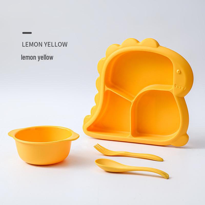 Creative Cartoon Dinosaur Children's Feeding Set: Includes Thickened Plate, Bowl, Spoon, and Fork for Babies and Kindergarten Use.