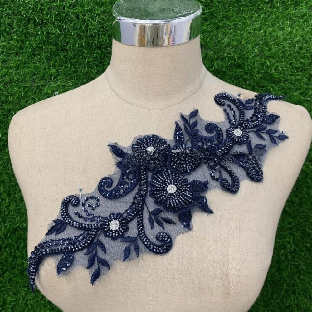

Rhinestone Flower Lace Applique Patch Glass Drill Handsewn Flower Embroidery Applique DIY Evening Gown Wedding Dress Accessories темно-синього кольору