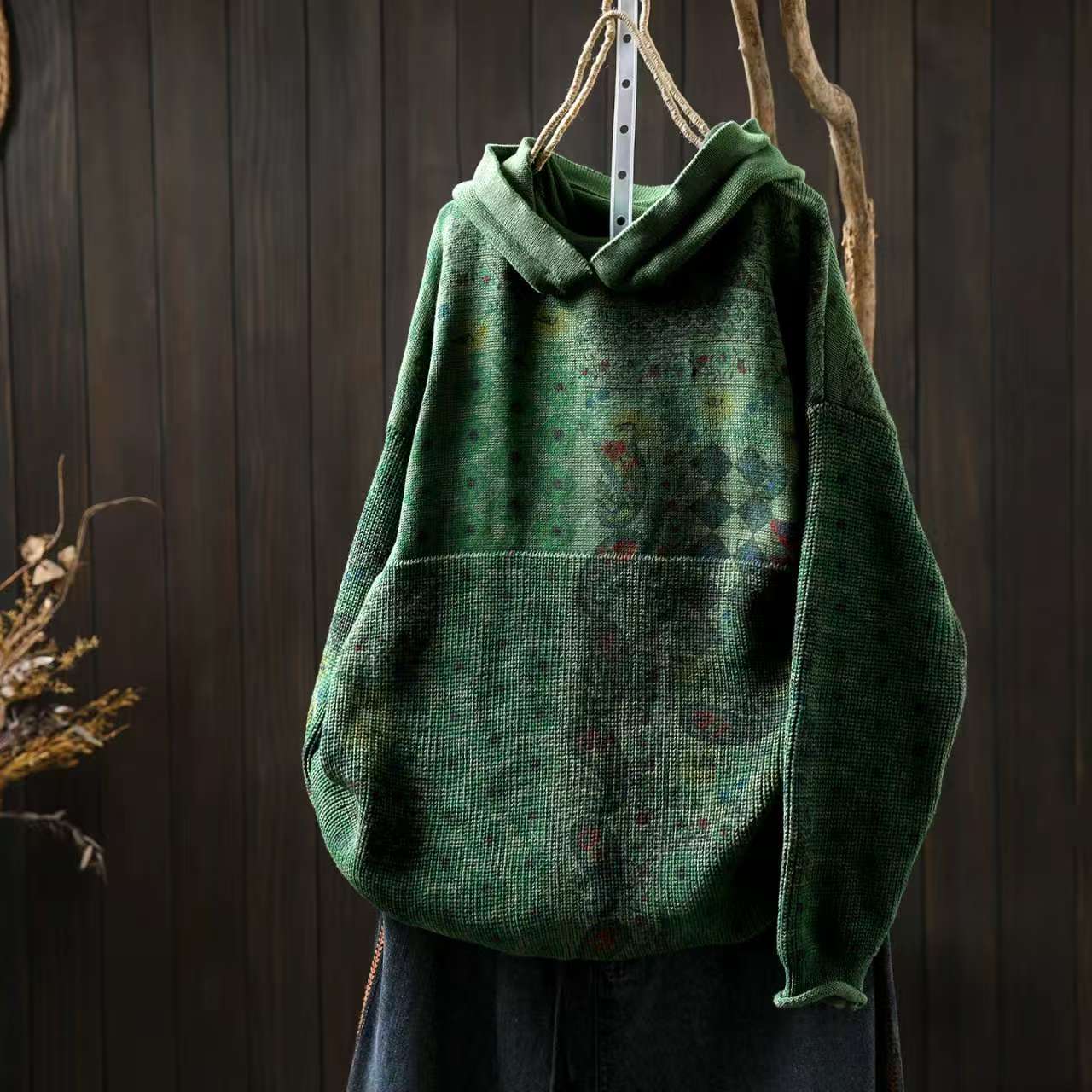 Johnature Женские винтажные свитшоты с цветочным принтом и капюшоном, вязаные, с длинным рукавом, весенние, пэчворк, женские свитшоты-пуловеры One Size зелёный
