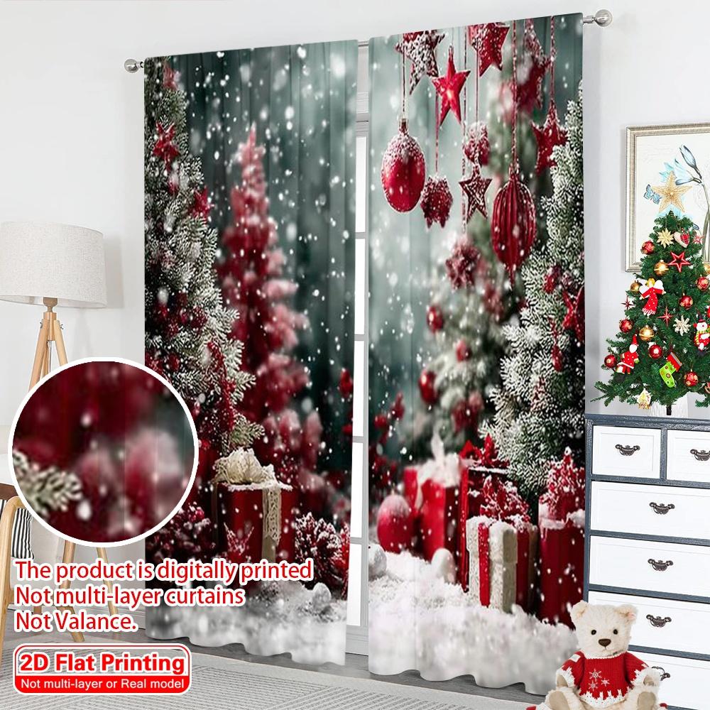 2pcs 2D flat printing Christmas Party Curtain Green Pine Trees_ and Red Gift Machine Washable Fabric Without Electricity