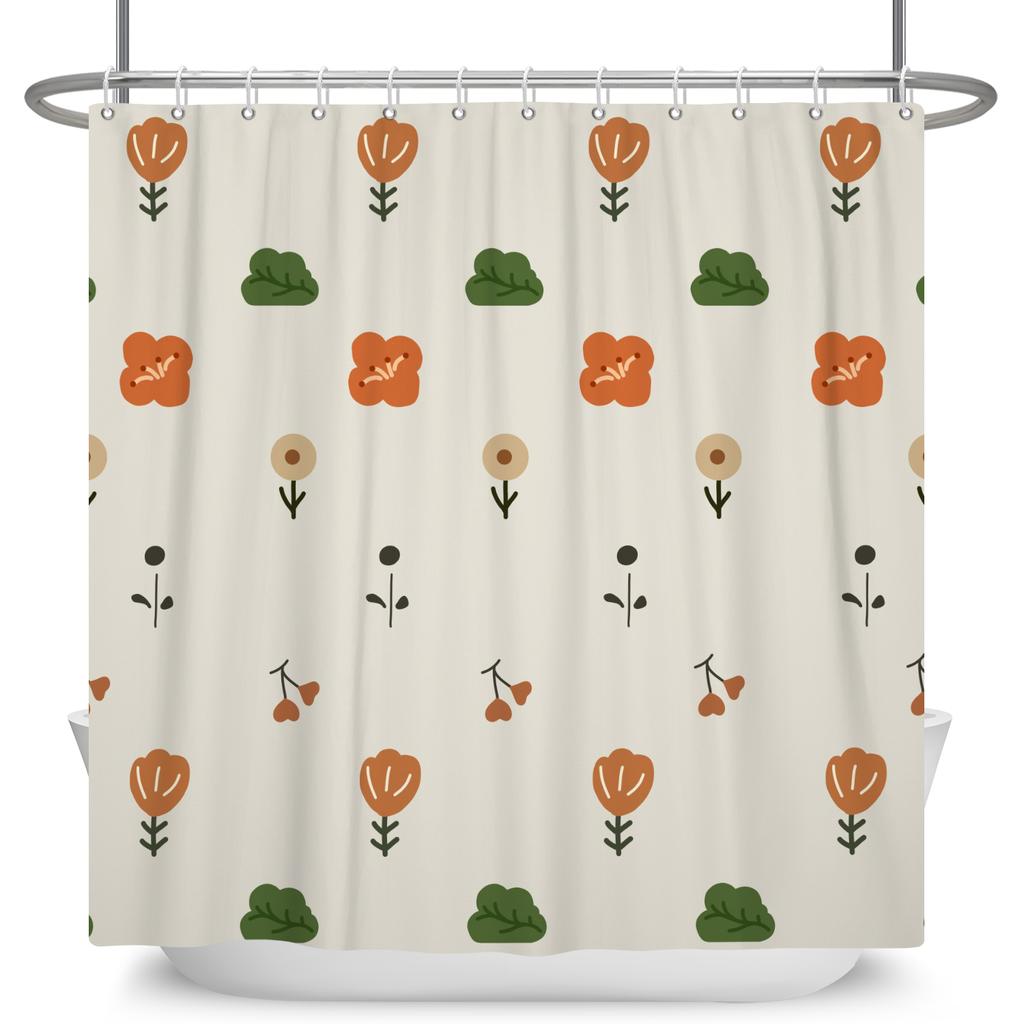 Boho Floral Shower Curtain Minimalist Flower Leaf Print Waterproof Bath Curtain For Bathroom Decor Polyester With Hooks Included