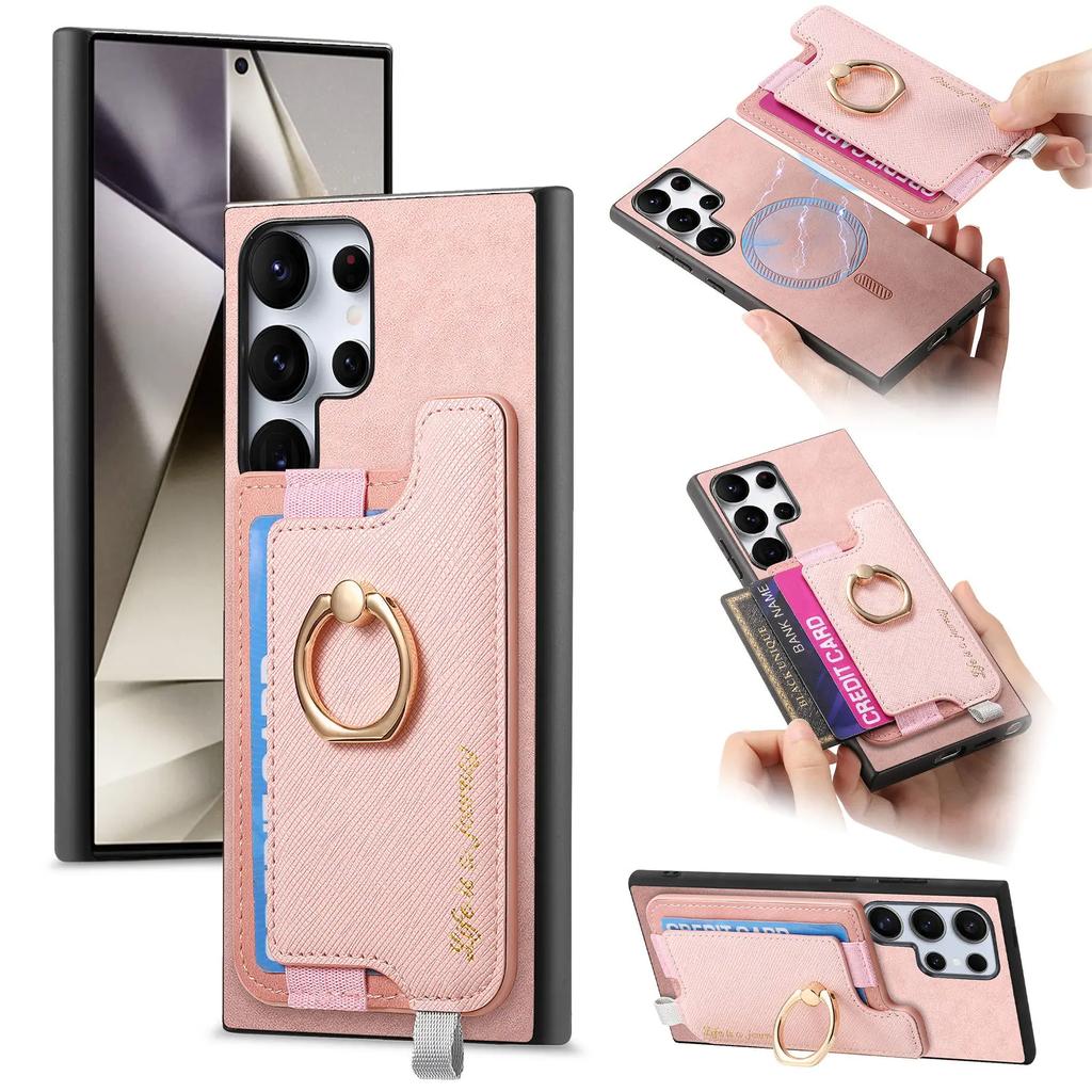 Carteira com Porta-Cartões Magnético 2 em 1 Capa de Couro com Suporte de Anel Destacável Para Samsung Galaxy S24 Ultra S23Plus A05 A55 A15 A25 Capa