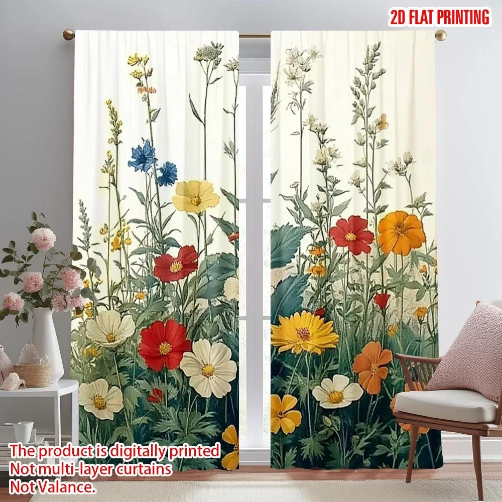

2pcs 2D flat printing Party Curtain flower plants Polyester Without Electricity Festive Curtains for Home & Party Decoration 100*130 Grommet Top 1pcs