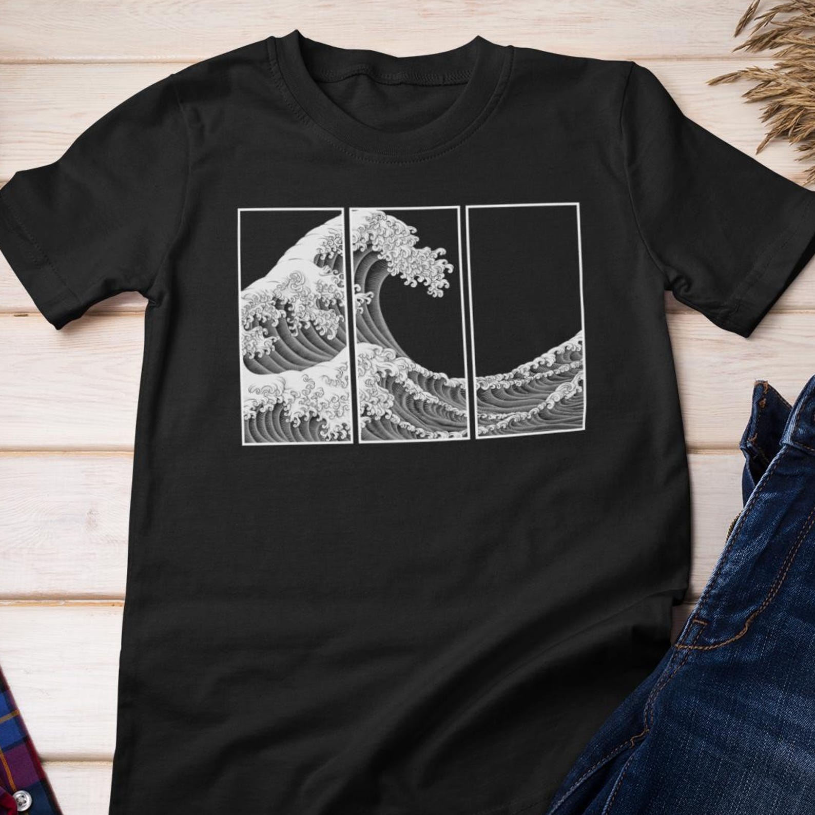 Wave Shirt | Hokusai Japanese Triptych Art, Ocean Print Cotton Tee L
