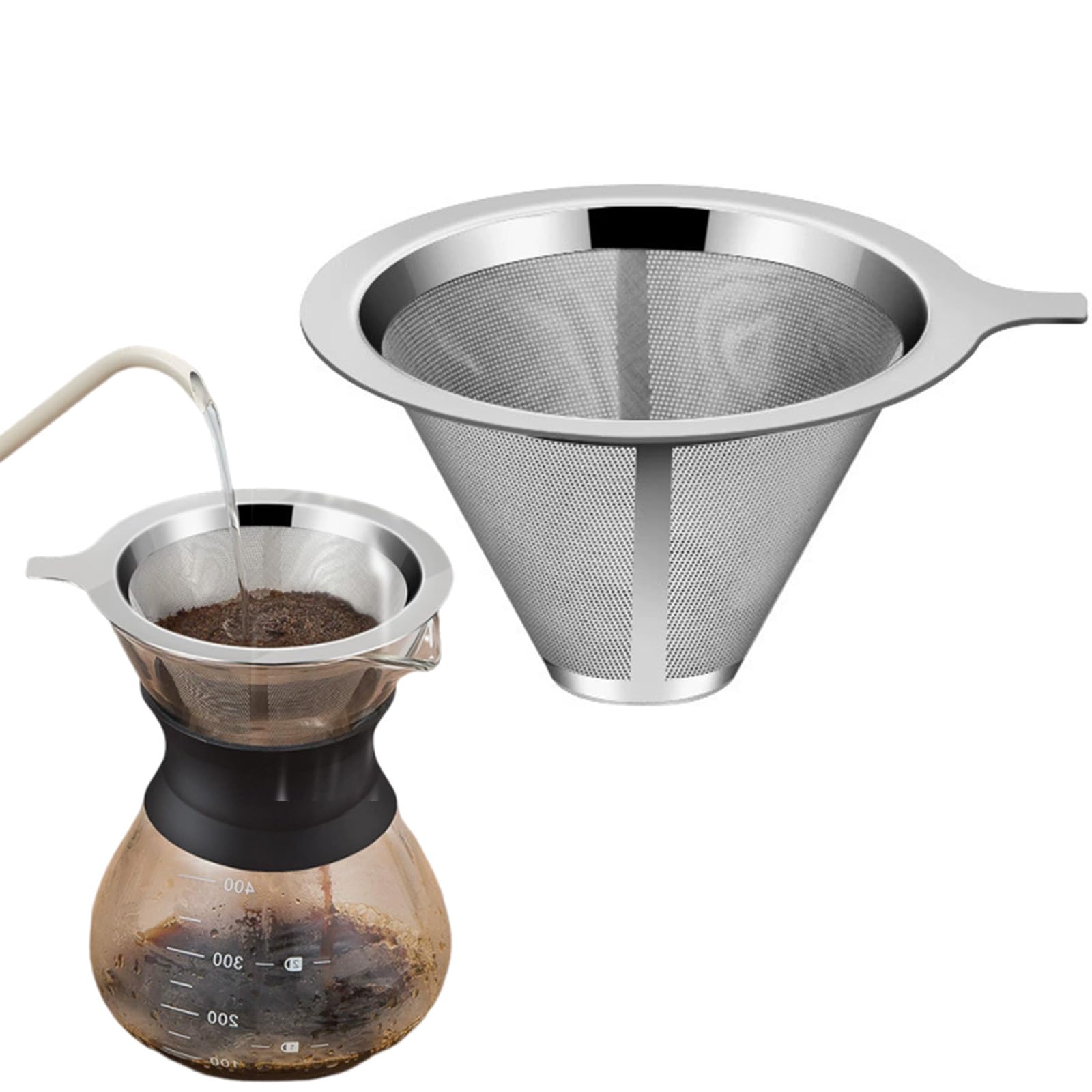 

Reusable Coffee Dripper with Stainless Steel Separable Conical and Handle Filter, Double-Layer Mesh, Filter,