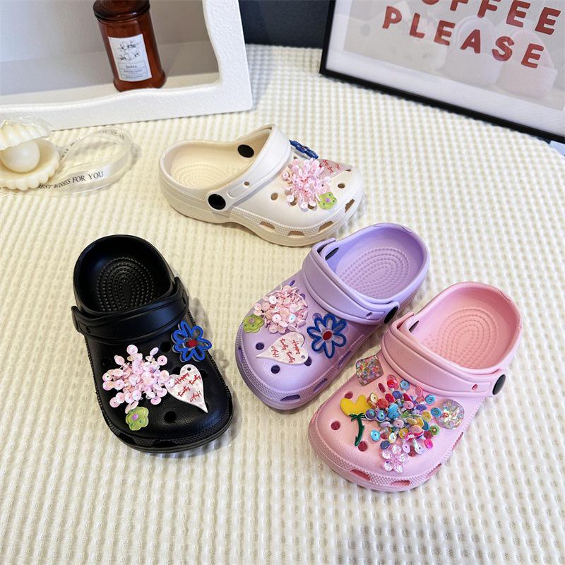 Children's Beaded Floral Sandals - Colorful Thick-Soled Closed-Toe, Summer Outdoor Slippers