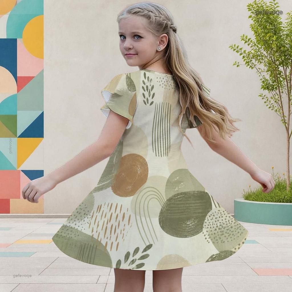 Girls Multicolor Printed Round Neck Flutter Sleeve A Line Flared Dress