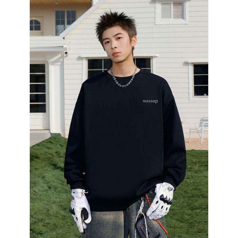 Wassup Trendy Brand Letter Logo American-Style Heavyweight Sweatshirt for Men and Women, Loose Casual Base Layer Crew Neck Top for Spring and Autumn