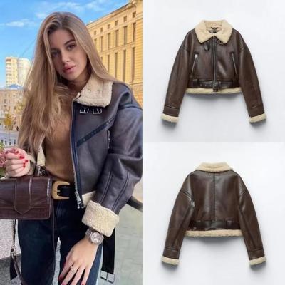 Winter Women Streetwear Faux Lamb Leather Fur Short Jacket with Belt Moto Biker Thick Warm Sheepskin Coat Outwe