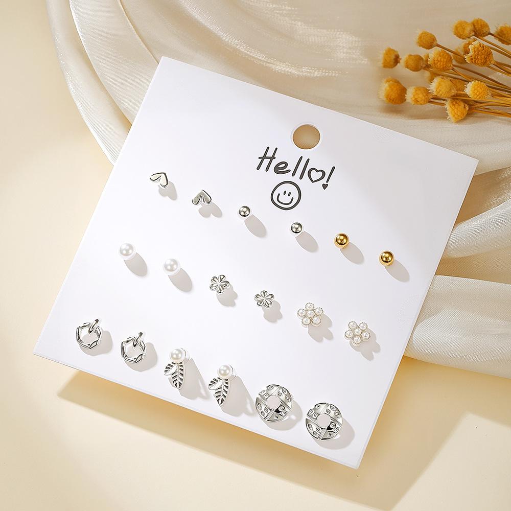 Versatile geometric love stud earrings set, women's high sense 9-piece set, European and American new ins exquisite fashion earrings