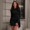 European and American Women's Clothing Autumn and Winter New Solid Color Shrinkage Streamer Long Sleeve Hip Wrap Slim Temperament Short Dress Women
