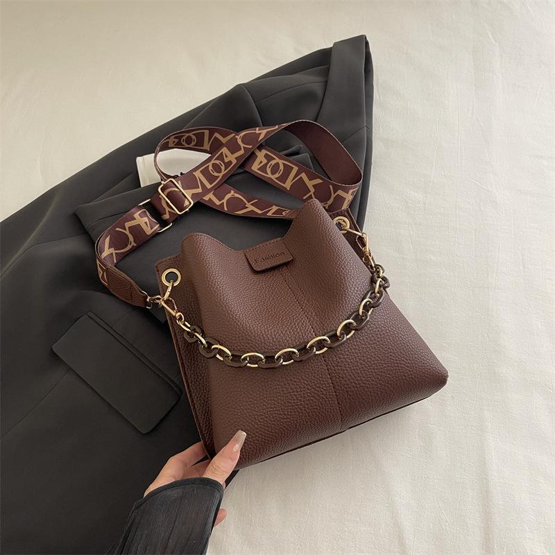 Faux Leather Bucket Bag for Women, Trendy Chain Shoulder Purse, Minimalist Crossbody Handbag KTB
