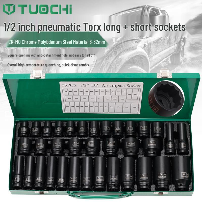 35-Piece 1/2\" Extended Hex Pneumatic Air Wrench Set with Torx Socket Heads (8-32mm) in Iron Box