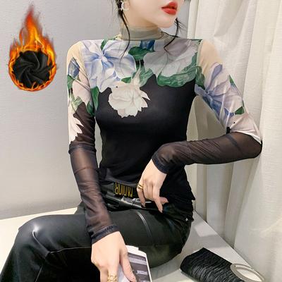 Koreansk version Pullover Sammet Halvpolokrage Tryckt Underdel Vinter Ny Mode Utländsk Stil Långärmad T-shirt