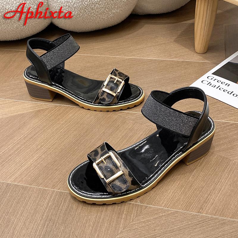 Fashion Aphixta 5cm Square Heel Summer Leopard Peep Toe Sandals Buckle Bling White Leather Open Shoes Elastic Band Plus Size 43