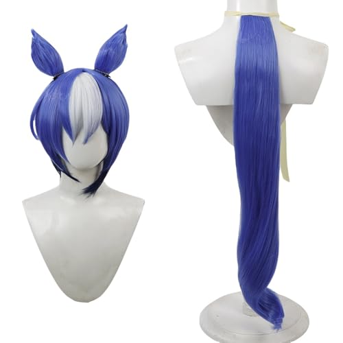 Парик для косплея Cesario Festival, термостойкий, парик для маскировки, парик для косплея с сеткой и расческой, синий/серый (Парик, Уши и Хвост)