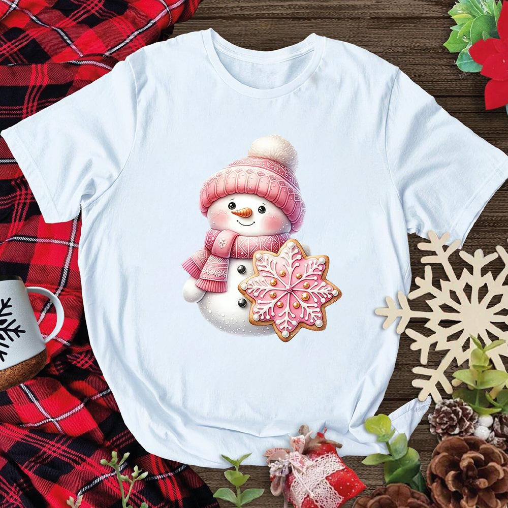 Christmas Pink Snowman T-shirt Christmas Activities TShirts Women Unisex Casual Tops White T-Shirt Graphic TShirt Streetwear