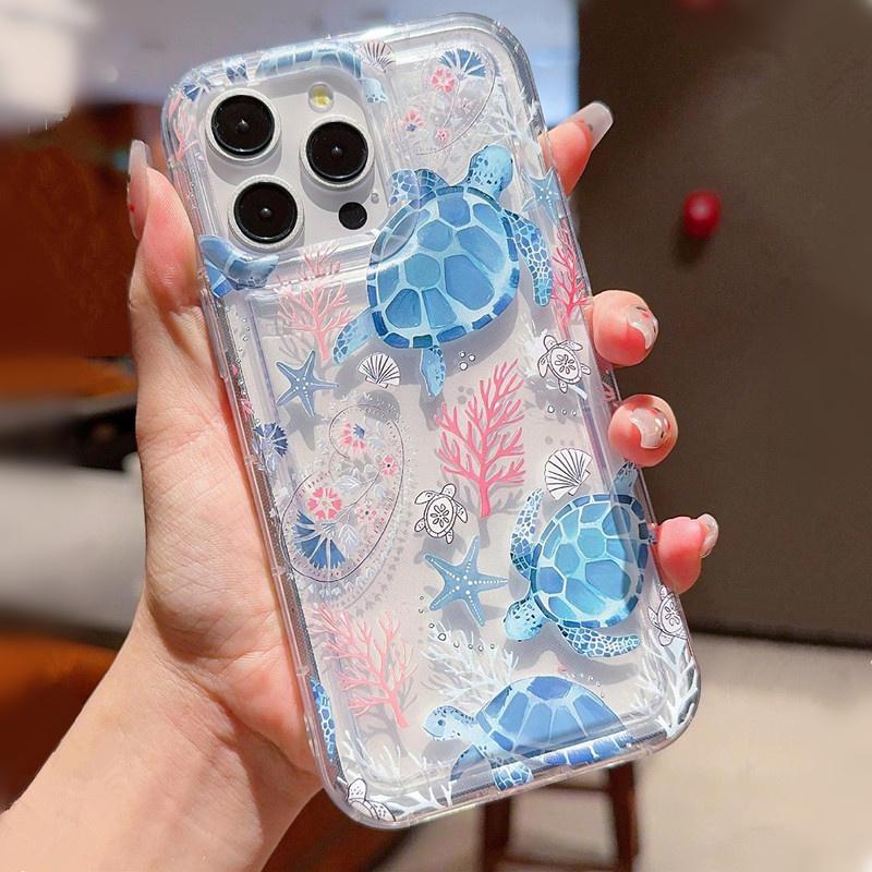 Cool Ocean Turtle Pattern Transparent Phone Case For iPhone 14 11 12 13 Pro 7 8 Plus X XR 15 16 Pro Max Shock-Absorption Cover