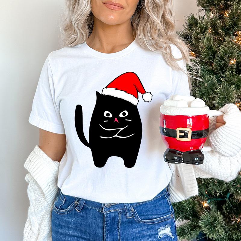 Christmas Black Santa Cat Trend Style Short Sleeve Tshirt Womens Christmas Gift Cute Animals Lovers Cartoon Classic Tshirts