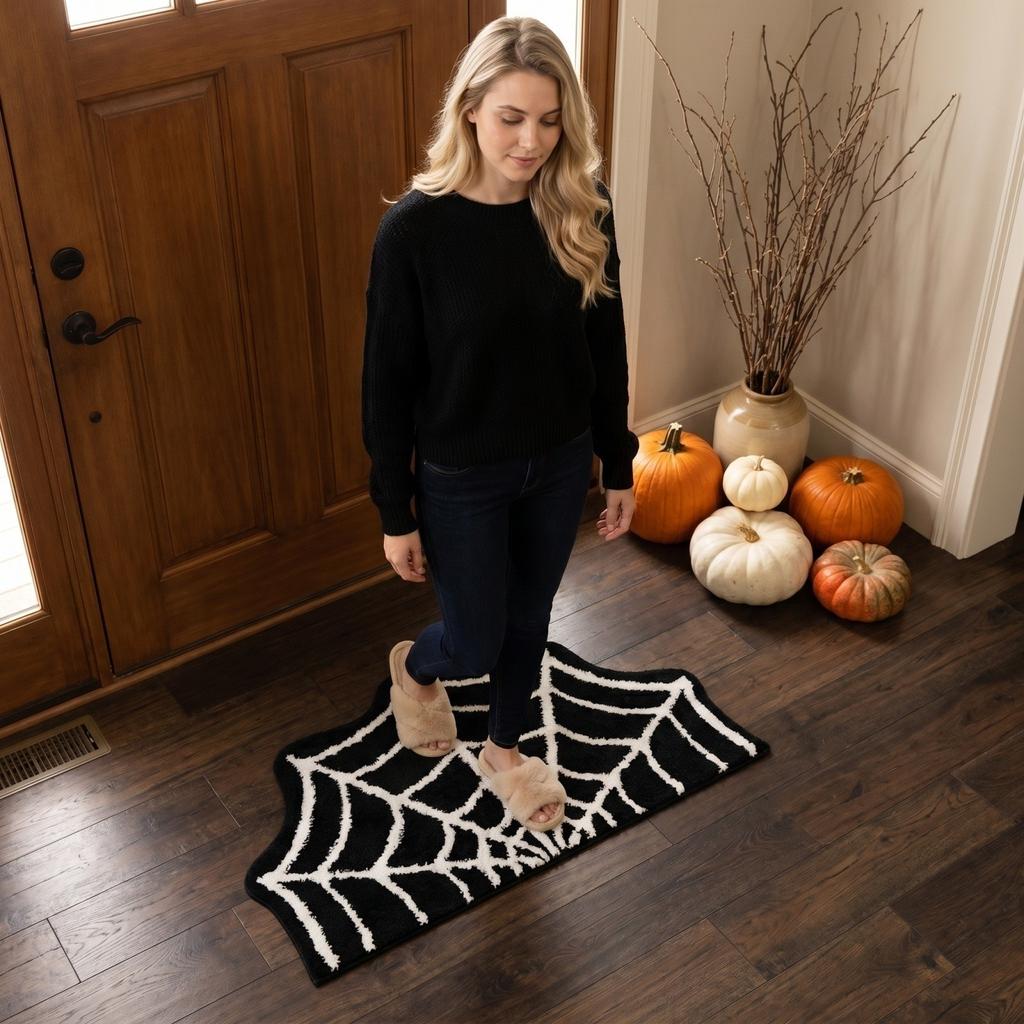 40x60cm Halloween Spider Web Shaped Entrance Mat Dustproof Durable Floor Rug Soft Faux Wool Texture