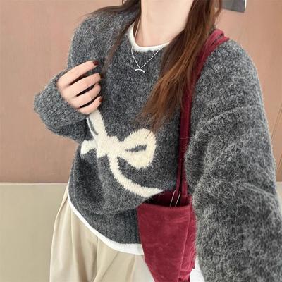Crew Neck Gentle Bow Pullover Sweater Women's Autumn and Winter Soft Waxy Lazy Versatile Sweet Knitted Sweater