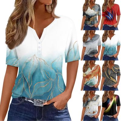 Women's T Shirt Tee Print Button Short Sleeve Tunic Daily Weekend Fashion Basic V- Neck Regular Top