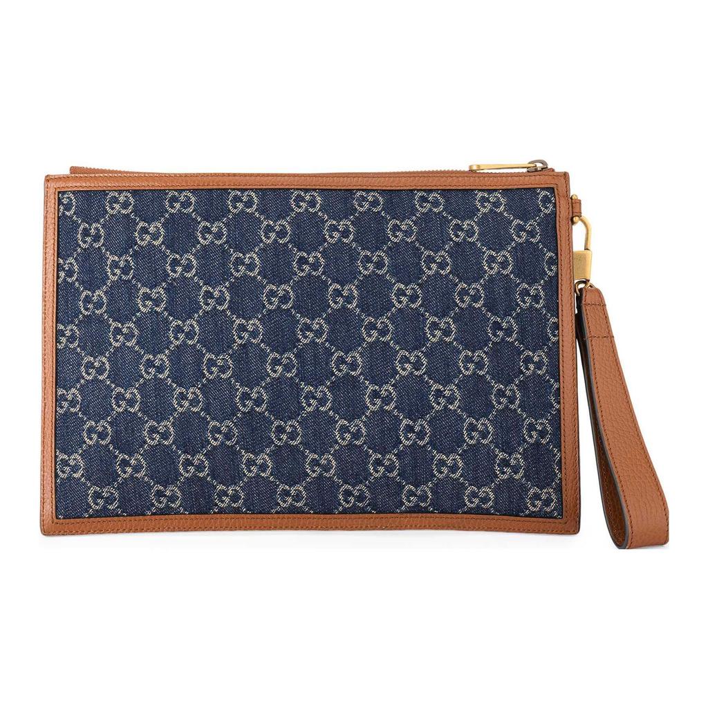 Gucci Double G Series Logo Interlocking Double G Emblem Denim And Leather Clutch Men clutch Blue Brown 672953-2KQGT-8375