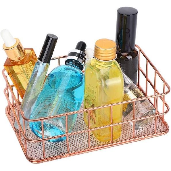 Rose Gold Wire Mesh Basket,Makeup Storage Basket Organizer Metal Desk Drawer Organizer Desktop Holder Tray Metal Grid Fruit Clothing Table Organizing