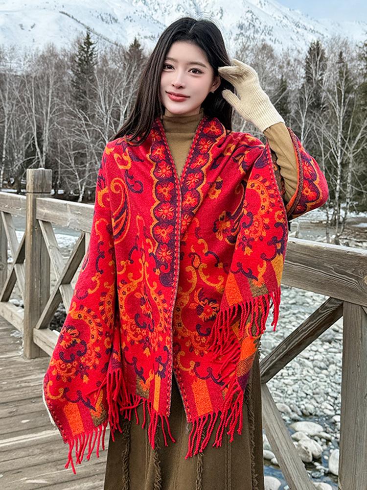 Winter Scarf Women Ladies Layers Poncho Elegant Red Floral Tassel Wrap Shawl Casual Warm Scarve Capa Para Pashmina Cloak Vintage