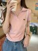 Design lapel bow embroidered T-shirt women's summer small man pleated front shoulder college style short chic top