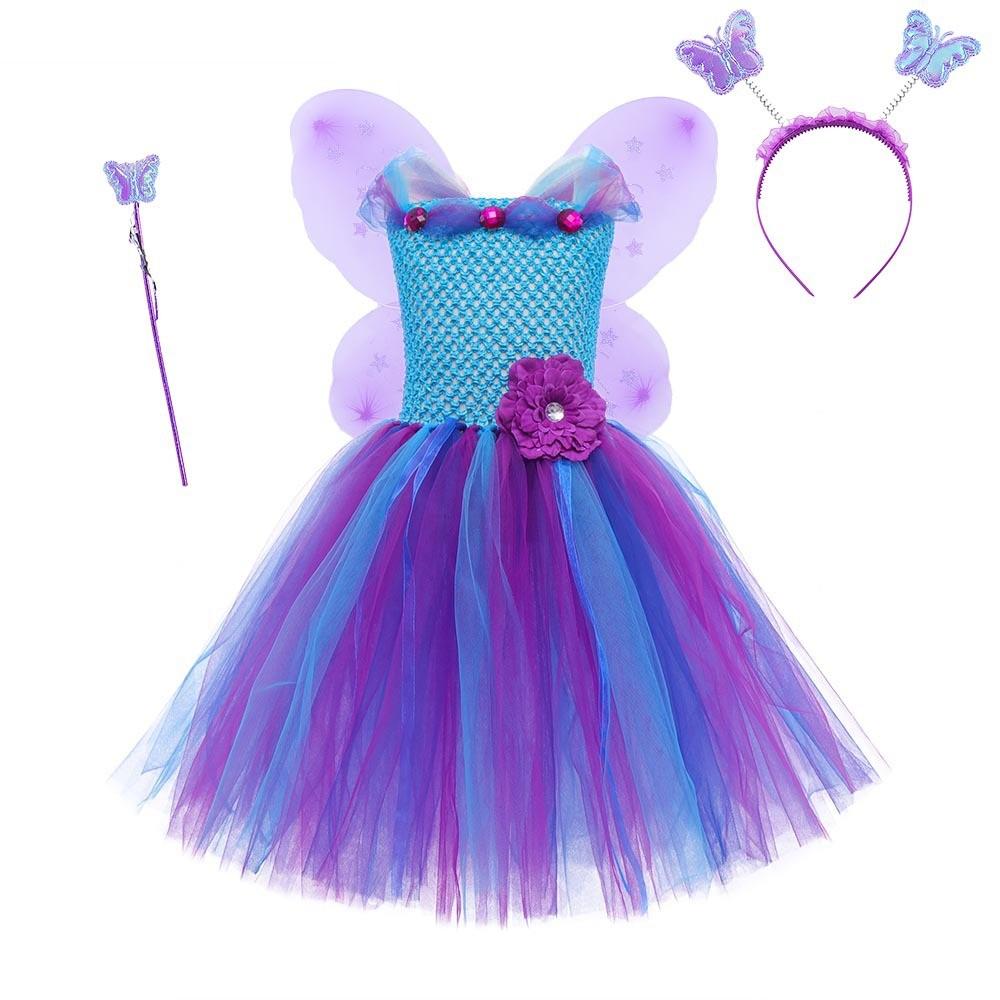 

Детское платье-пачка в виде цветочной феи для девочек, комплект головных уборов с крыльями, детские костюмы для косплея на Хэллоуин, детский наряд для ролевых игр в стиле принцессы XXL/160cm синий