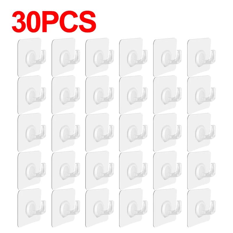 30/5pcs Wall Mounted Hooks Transparent Self Adhesive Door Wall Hangers Hooks Heavy Load Rack Kitchen Bathroom Organizer Holder