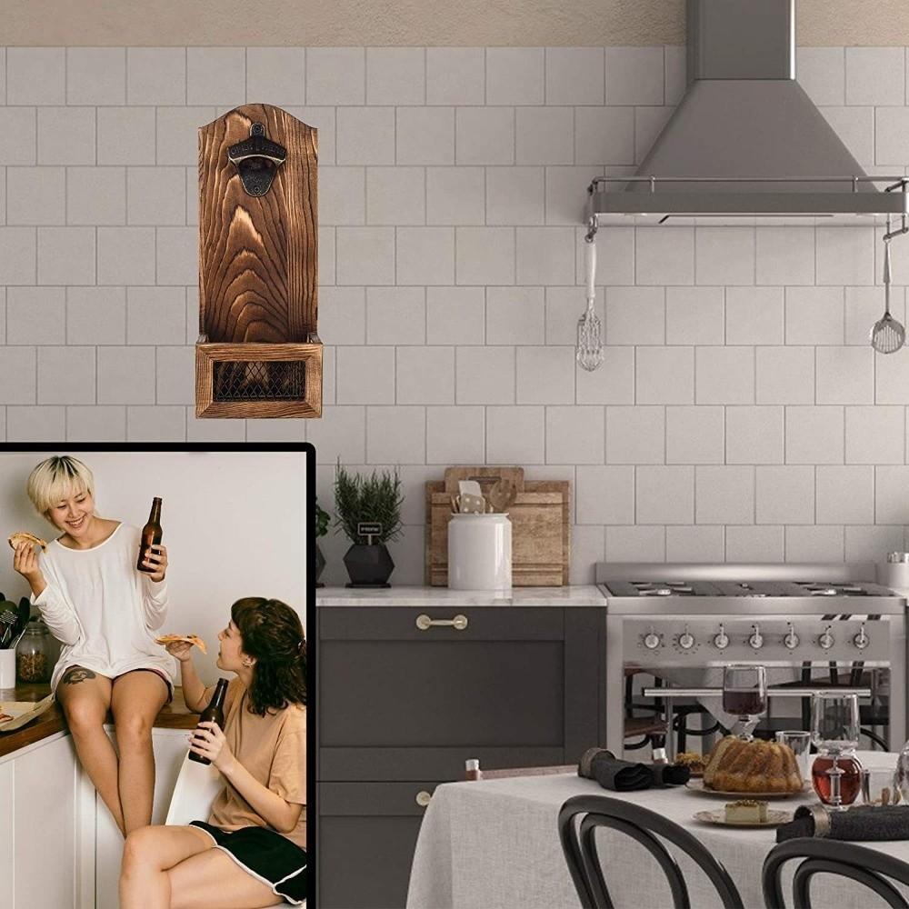 Wall Mounted Wooden Bottle Opener Vintage with Cap Catcher Bottle Opener 2-in-1 Opener Catcher Wooden Beer Opener