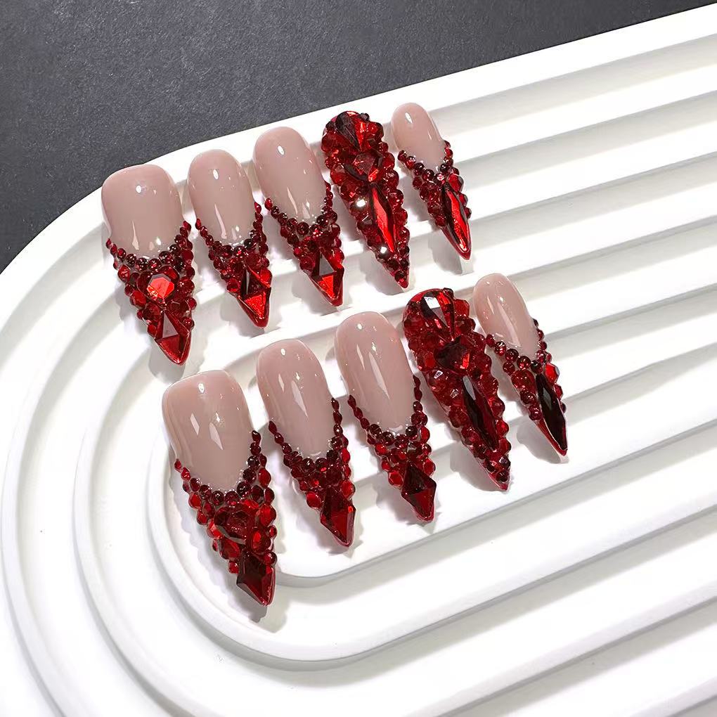 10Pcs Luxury Red Full Diamond Handmade Coffin French Tip Fake Nails Dazzling Press On Nails